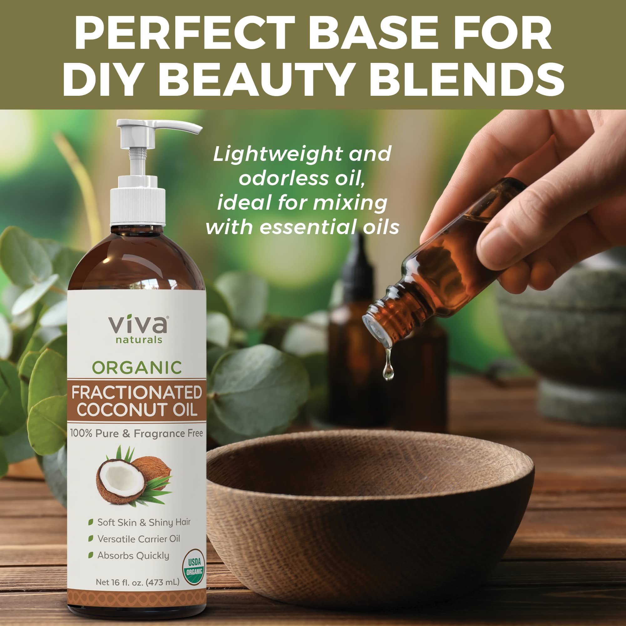 Viva Naturals Organic Fractionated Coconut Oil 16oz- Moisturizing Hair & Body Oil, Carrier Oil