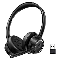 Bluetooth Headset, Wireless Headset with Noise Cancelling Microphone for Work, On Ear Headphones with USB Dongle and Mute Mic for Computer, Office Headset for Work, Call Center
