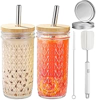 2 Pcs Glass Cups Set - 24oz Mason Jar Drinking Glasses with Bamboo Lids & Straws & 2 Airtight Lids, Cute Reusable Smoothie cup, Iced Coffee Glasses, Travel Tumbler for Bubble Tea, Juice