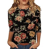 Summer Tops with 3/4 Sleeves for Women Crewneck Cute Shirts Casual Trendy Print Blouses Three Quarter Length Tshirt