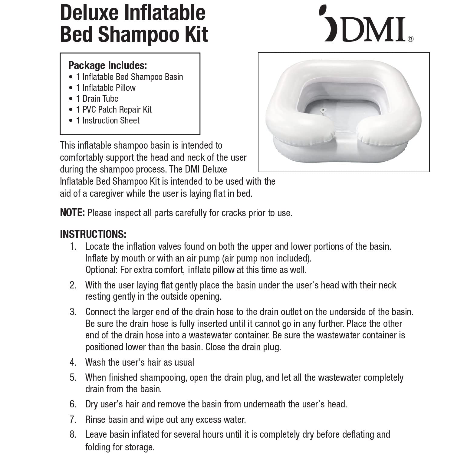 DMI Portable Shampoo Bowl, Inflatable Shampoo Bowl and Wash Basin for Bedside and In Bed Hair Washing, Hair Cuts and Hair Coloring for the Elderly, Disabled, Bedridden and Handicapped, 24 X 20, White