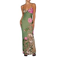 Women Sexy Backless Satin Maxi Dresses Spaghetti Strap Floral Print Dresses Slim Fit Elegant Long Dresses Night Party Outfits