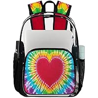 Heart Tie Dye Clear Backpack Heavy Duty Transparent Bookbag for Women Men See Through PVC Backpack for Security, Work, Sports, Stadium