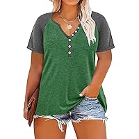 RITERA Women Plus Size Summer Tops Casual Color Block Short Sleeve Button Down Raglan V-Neck Green Brown Loose Pullover Shirts 5XL 28W