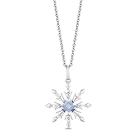 Jewelili Enchanted Disney Fine Jewelry Sterling Silver with 1/10 CTTW Diamond Aquamarine Elsa Snowflake Pendant