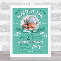 The Card Zoo New Baby Birth Details Nursery Christening Green Photo Typographic Gift Print