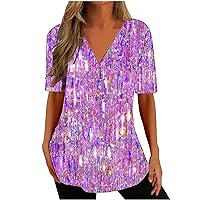 Short Sleeve Shirts for Women 2024 Trendy Spot Printed V-Neck Tunic Blouse Casual Half Zip Up Spring Tops