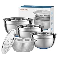 5-in-1 Multifunctional Mixing Bowl Set: 3 Big Deep Premium Stainless Steel Nesting Salad Bowls - Size 4.5, 4, 2.5QT with Scale Marks and Non-Slip Silicone Bottom & Colander & Grater
