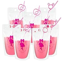 12 Pieces Princess Drinking Bag Pouches with Straws Reusable Pink Juice Pouches 16 oz for Girls Princess Birthday Party Favors Decorations Supplies (12)
