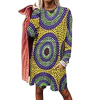 African Ankara Pattern Women's Long Sleeve Tunic Tops Casual Shirts Crew Neck Long T Shrits with Pocket