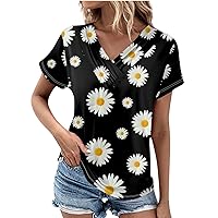 Women's Spring Summer 2024 V Neck Short Sleeved Tops Vintage Daisy Print Pleated Button T-Shirt Cozy Fitted Shirts