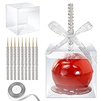 Candy Apple Boxes with Bling Stick Hole Set, 20 Pack Caramel Apple Wrapping Kit with Clear Containers & Rhinestone Bamboo Skewers & Glitter Ribbons,Decorative Top for Cake Pop Chocolate Treat