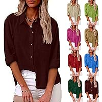 Womens Cotton Linen Button Down Shirt 2024 Casual Long Sleeve Solid Color Shirts Loose Work Tops with Pockets