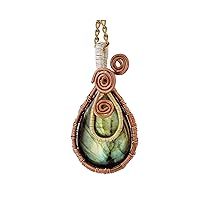 Blue Flash Labradorite Copper,Silver,Brass Wire Wrapped Pendant Necklace with Silver and brass plated wire creation, Pear shape 58x29mm weight 20gm