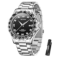 OLEVS Sliver Mens Watches Diamond Watches for Men Black Dial Watches Men Sliver Stainless Steel Watches Analog Quartz Watches for Men Waterproof Watches Mens Sliver Wrist Watches Relojes para Hombre