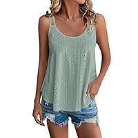 Womens Tank Top Flowy Spaghetti Strap Eyelet Loose Fit V Neck Sleeveless Camisole Solid Casual Summer Basic Tank Tops