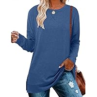 The Drop Long Sleeve Womens Sweatshirts with Side Slits Long Tops for Women Plain Color Red Tunics Cute Tops Blue X-Large