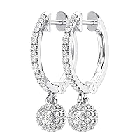 9K White Gold 100% Natural Round Brilliant Cut Diamonds Dangler Hoops Earrings | Luxury Jewelry Gifts for Women