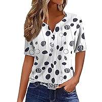 Women's Fashion Casual Retro Geometric Printed V-Neck Short Sleeve Button Down T-Shirt Top,Womens Blouses