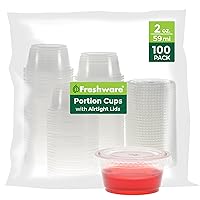 Freshware Plastic Portion Cups with Lids [2 Ounce, 100 Sets] Disposable Plastic Cups for Meal Prep, Salad Dressing, Jellos Shot Cups, Souffle Cups, Condiment and Dipping Sauce Cups