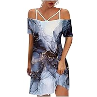 Women Cutout Spaghetti Strap Cold Shoulder Sheath Dress Fashion Marble Print Summer Short Sleeve Tunic Knee Dresses