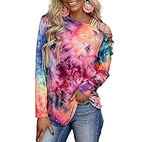 Women's Tie-Dye Printed Floral Printed Cold Shoulder Off Shoulder Tops Strappy Long Sleeve T-Shirt Loose Casual Tops T-Shirt.