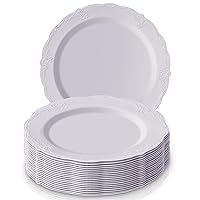 Silver Spoons DISPOSABLE DINNERWARE PLATES | Premium Reusable Plastic | Vintage | 10 Pieces, Dinner Plates, White