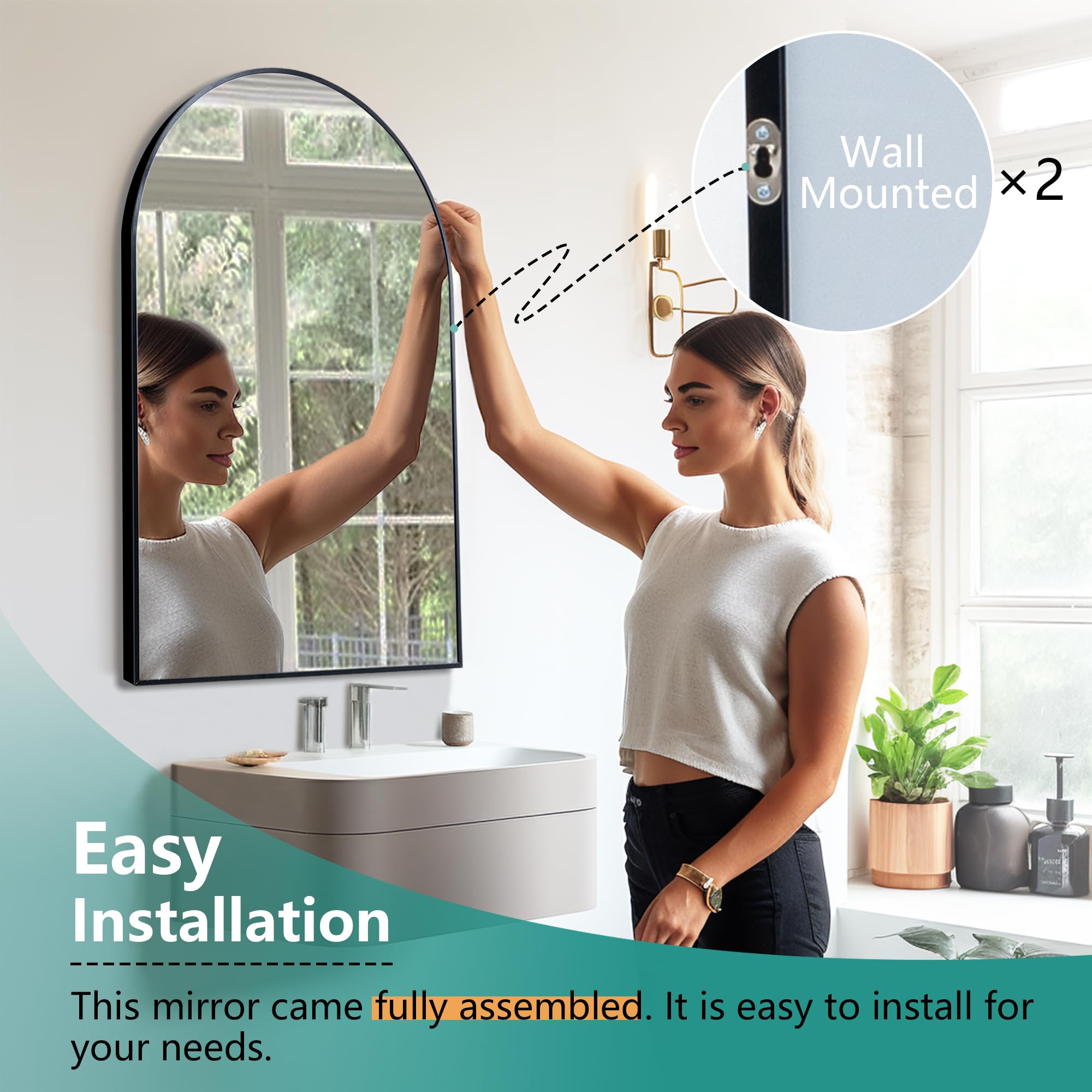 Dolonm 2 Pack 36x24 Inch Arch Wall Mirror, Bathroom Vanity Mirrors, Aluminum Alloy Frame Arch Mirrors for Wall, Wall Mounted Mirrors for Bathroom, Entryway, Black(Set of 2)