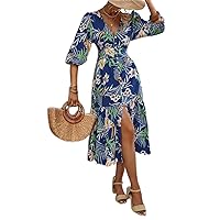 Dresses for Women - Tropical Print Lantern Sleeve Ruffle Hem Dress