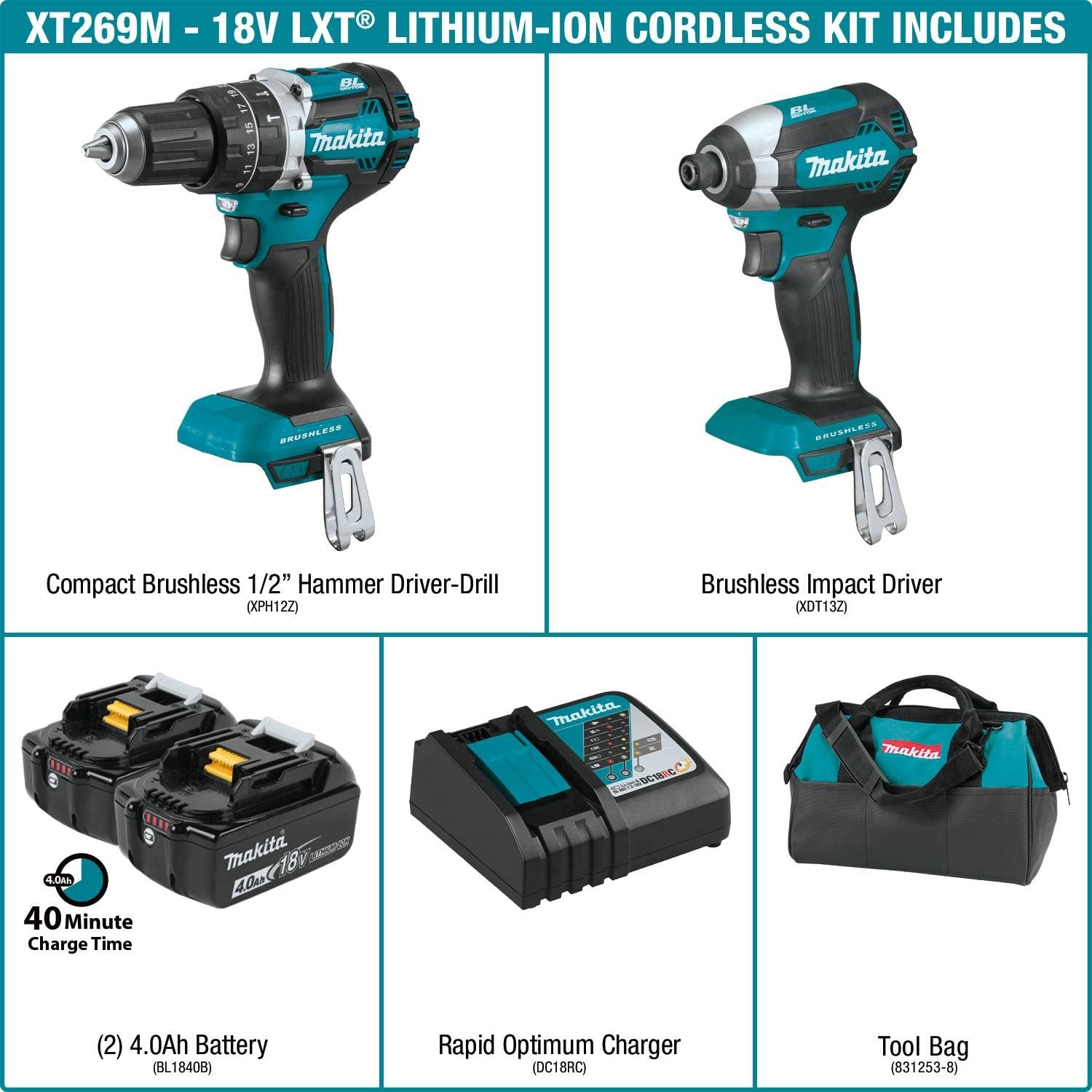 Makita XT269M 18V LXT Lithium-Ion Brushless Cordless 2-Pc. Combo Kit (4.0Ah) with DMP180ZX 18V LXT Lithium-Ion Cordless Inflator