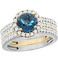10K Gold Natural London Blue Topaz 3-Piece Ring Set Two-tone Round 6mm Halo Diamond, sizes 5-10