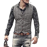 Plaid Suit Vest for Men Wool Tweed Casual Slim Fit Waistcoat Vest for Groomsmen for Wedding