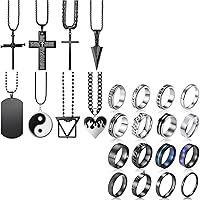 FAXHION Men Black Cross Necklaces set, Stainless Steel Fidget Band Rings for Men Women