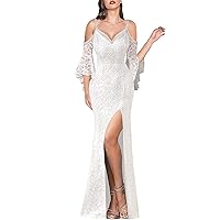 VFSHOW Women Floral Lace Beaded V Neck Bell Sleeve Prom Formal Maxi Dress 2023 Sexy Cold Shoulder High Slit Long Evening Gown