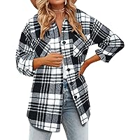 BTFBM Women's Long Sleeve Button Down Jackets Plaid Flannel Shirts Tops Casual Lapel V Neck Oversized Shackets Blouses Top