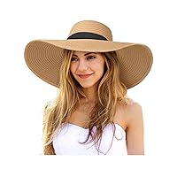 Womens Sun Hat UV Protection Wide Brim Beach Hat Floppy Foldable Roll-Up Straw Hats for Women UPF 50