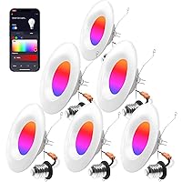 Smart Recessed Lighting 5/6 Inch - 6 Pack Wi-Fi RGB Color Changing LED Recessed Can Lights, 13W 1050LM Dimmable Retrofit Recessed Downlight Wafer Lights, Work with Alexa, Google, Siri