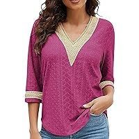 Womens 3/4 Sleeve Sexy Summer Tops Lace Trim V Neck Blouses for Women Fashion Tops Dressy Casual Shirts