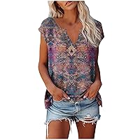 Women's Cap Sleeve Tank Tops Ring Hole V Neck T-Shirts Vintage Floral Print Tunic Blouse Summer Casual Tops