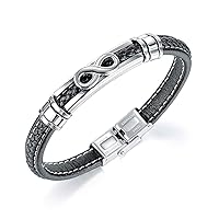 Mens Stainless Steel Infinity Love Bracelet Black Leather Wrap Wristband, 8.46 Inch