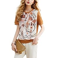 LAI MENG FIVE CATS Women's Summer Casual Print Round Neck Patchwork Short Sleeve T Shirts