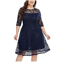 Womens Round Neck Floral Embroidered Lace Midi Dress Short Sleeve Bridesmaid Wedding Guest Cocktail Party Dresses