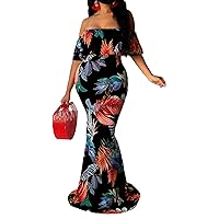 LalaLin Sexy Off Shoulder Maxi Dress for Women Floral Printed Ruffle Sleeve Bodycon Nightout Hawaii Elegant Dresses