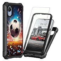 Case for Cricket Debut S2 /AT&T Calypso 4 with Tempered Glass Screen Protector, Dual Layer Protection Shockproof Corners TPU Bumper Cover for Calypso 4, Soccer Ball