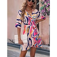 TLULY Dress for Women Allover Print Wrap Hem Batwing Sleeve Dress (Color : Pink, Size : X-Large)