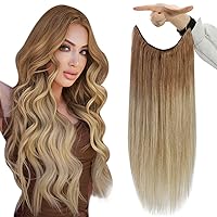 Fshine Invisible Wire Hair Extensions Real Human Hair #10/14 Golden Brown to Dark Blonde Secret Extensions Layered Fishing Line Hair Extensions Real Human Hair Straight Hair 18 inch 125g