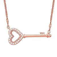 SwaraEcom 0.15 Cttw Created White Diamond Cz Solid 14K Rose Gold Plated 925 Sterling Silver Love Key with Heart Promise Pendant Necklace with Free 18