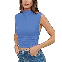 KAMISSY Women Workout Mock Neck Ruched Crop Tank Top Casual Turtleneck Sleeveless Slim Fitted Crop Tops Athletic Yoga Running