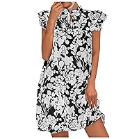 Women Trendy Layered Ruffle Cap Sleeve T-Shirt Dress Summer Boho Floral Drawstring Stand Collar Casual Mini Dresses