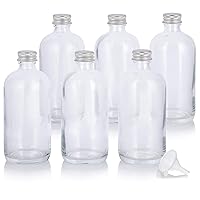 JUVITUS 8 oz Clear Glass Boston Round Bottles with Silver Metal Screw On Caps (6 Pack) + Funnel